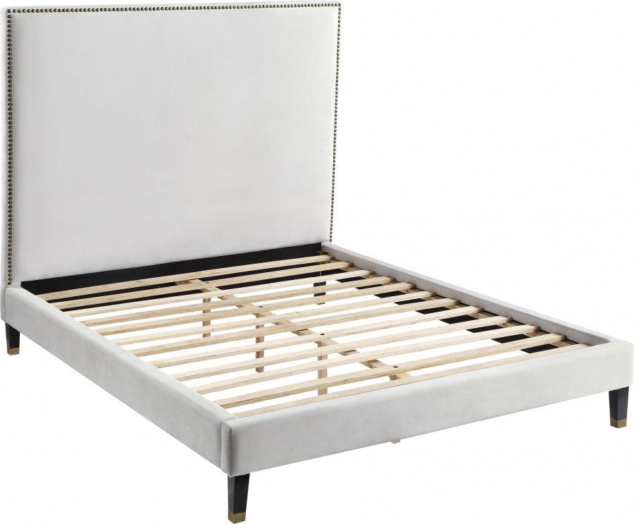 Meridian Furniture - Harlie Velvet Queen Bed In Cream - Harliecream-Q - ATL FURNITURE