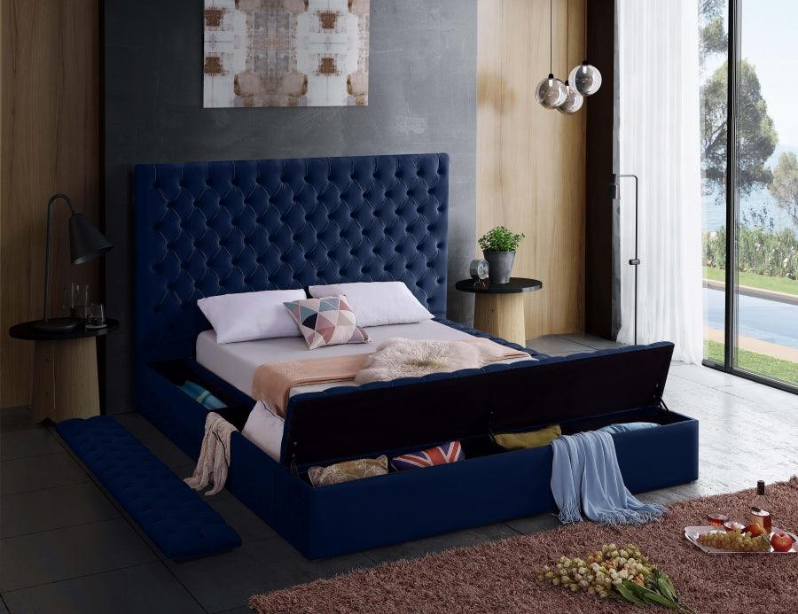 Bliss Velvet Queen Bed In Navy - ATL FURNITURE