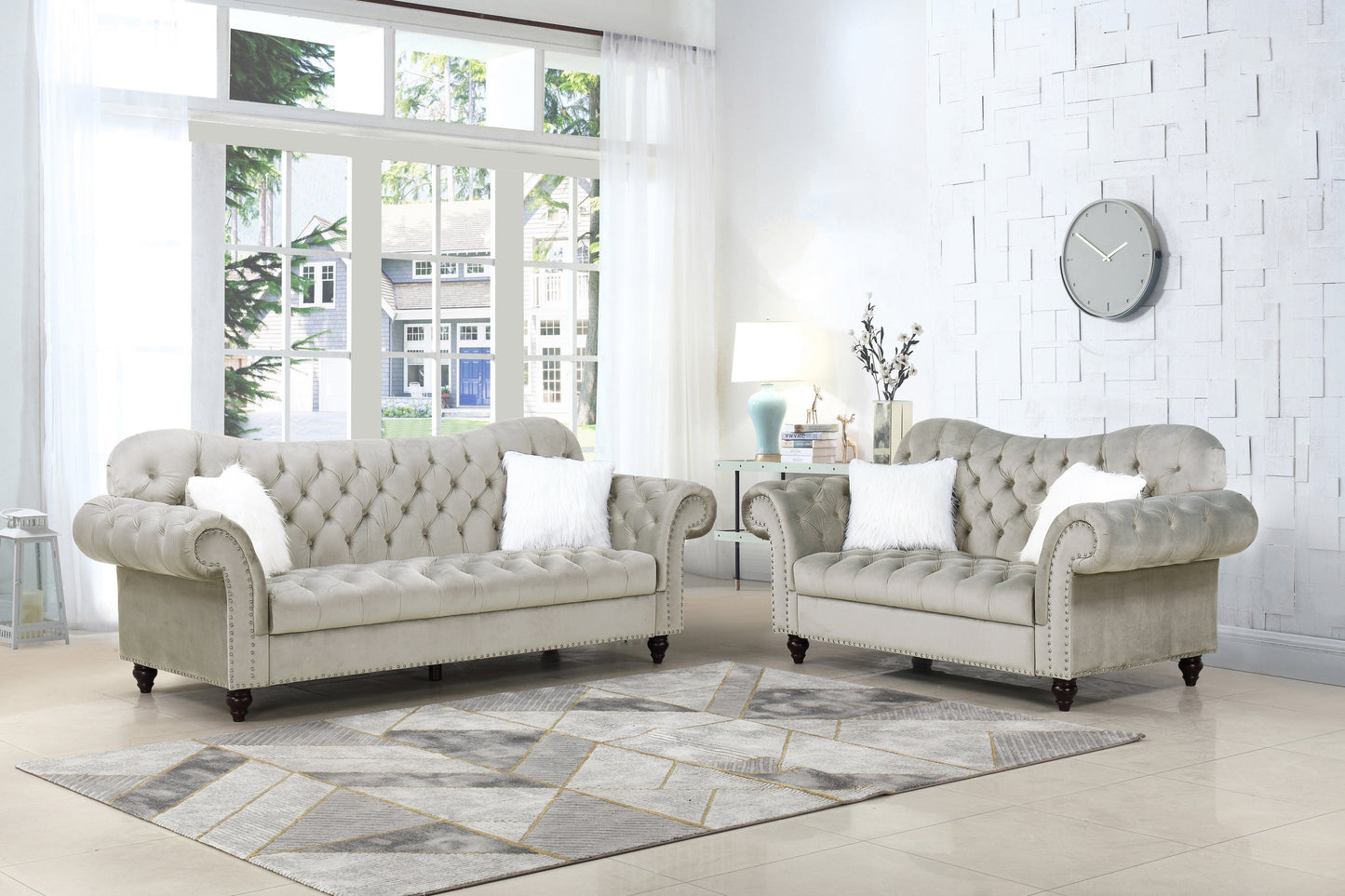 Beige Velvet Sofa - ATL FURNITURE