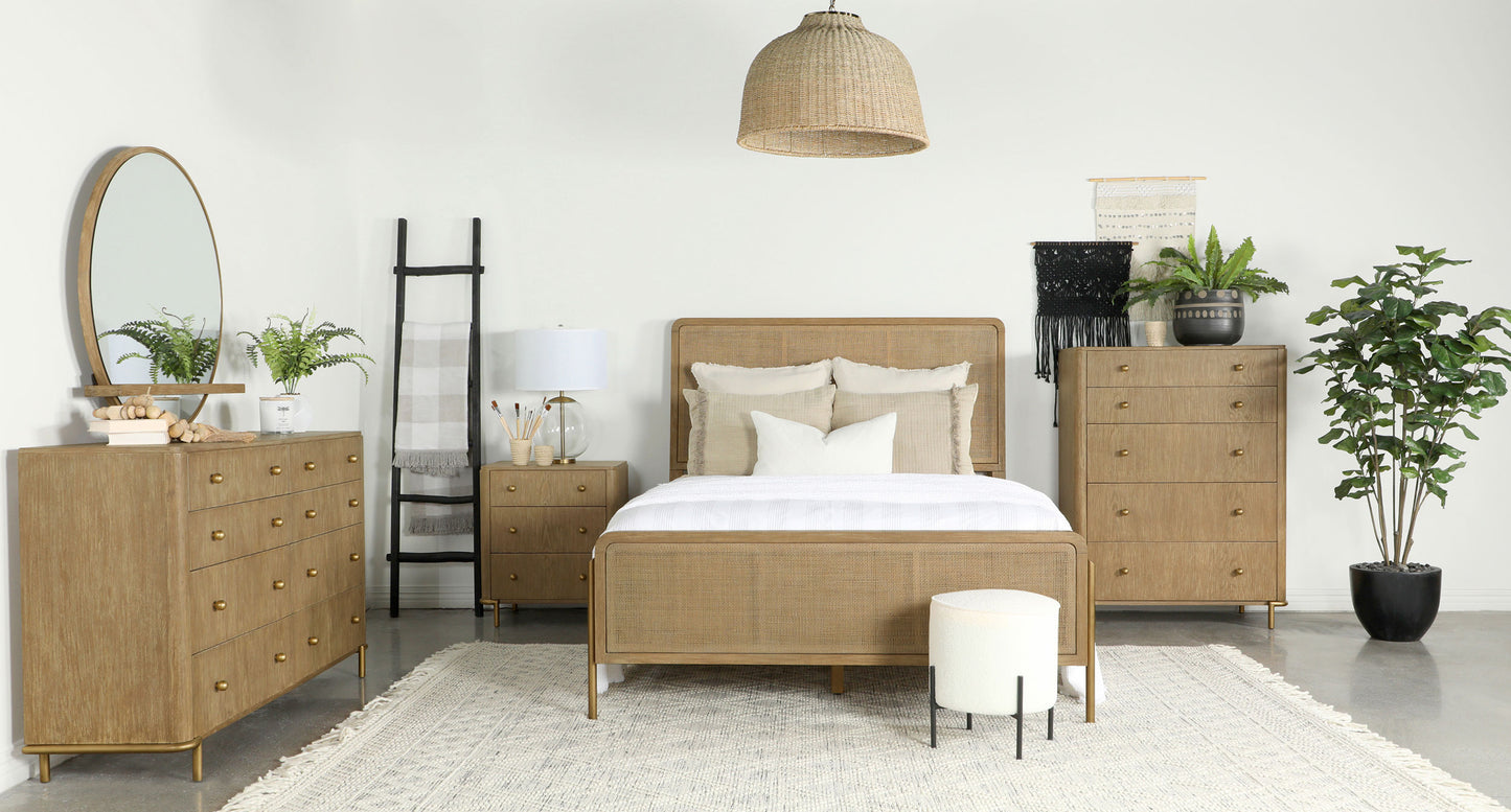 Arini Upholstered Eastern King Panel Bed Sand Wash and Natural Cane