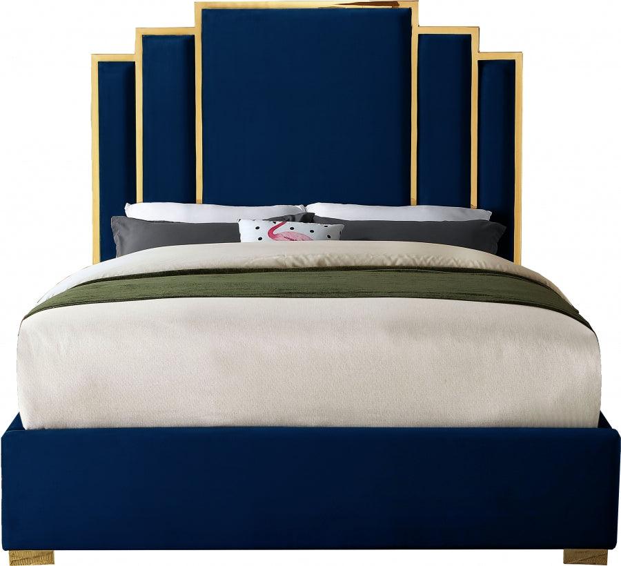 Hugo Velvet Queen Bed In Navy - ATL FURNITURE