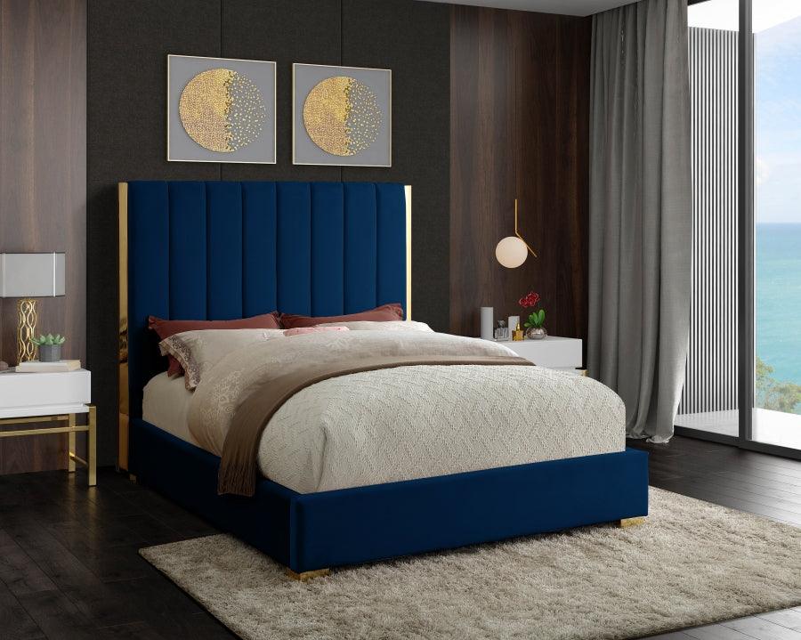 Meridian Furniture - Becca Velvet Queen Bed In Navy - Beccanavy-Q - ATL FURNITURE