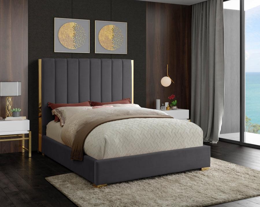 Meridian Furniture - Becca Velvet Queen Bed In Grey - Beccagrey-Q - ATL FURNITURE