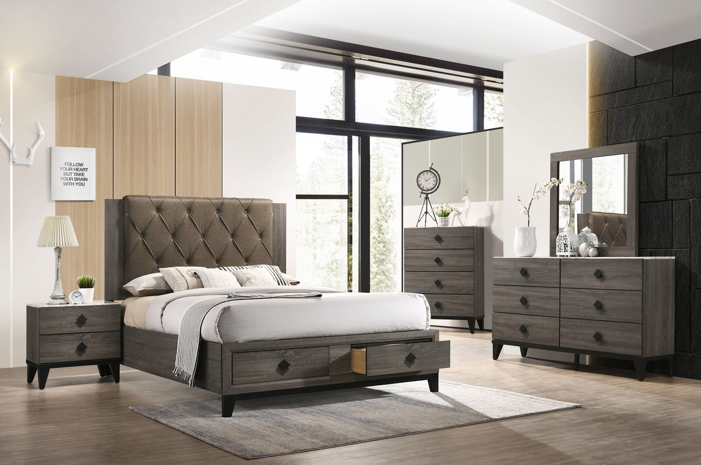 Avantika Fabric & Rustic Gray Oak Queen Bed (Storage) - ATL FURNITURE