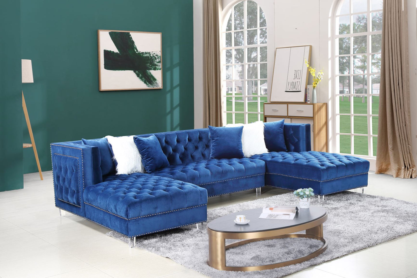 Navy Blue Velvet Sectional Sofa Group - ATL FURNITURE