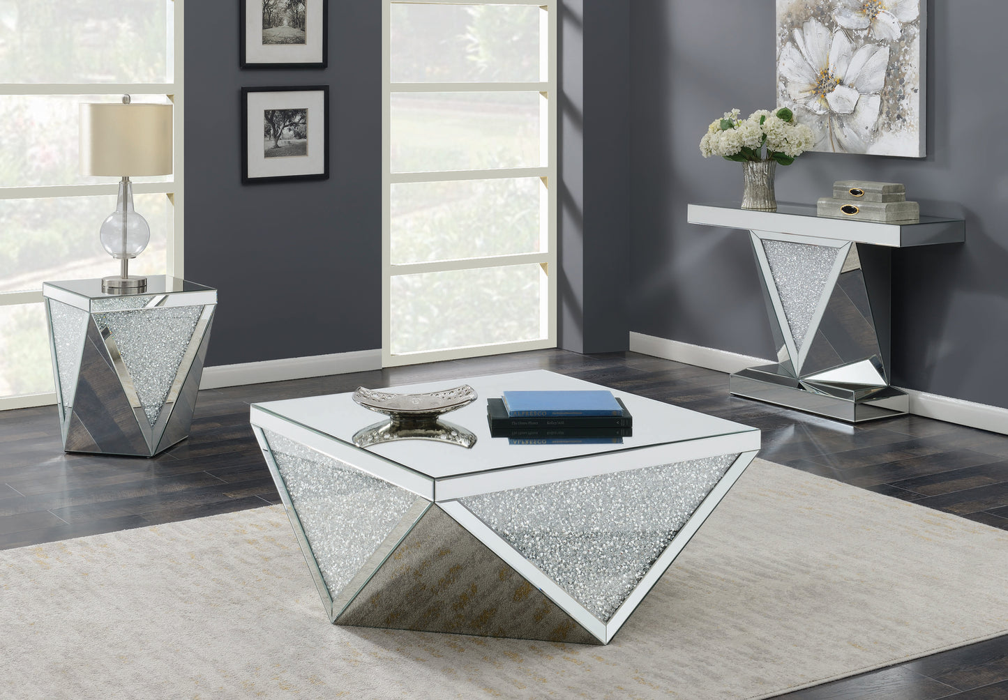 Amore Square Mirrored Acrylic Crystal Side End Table Silver