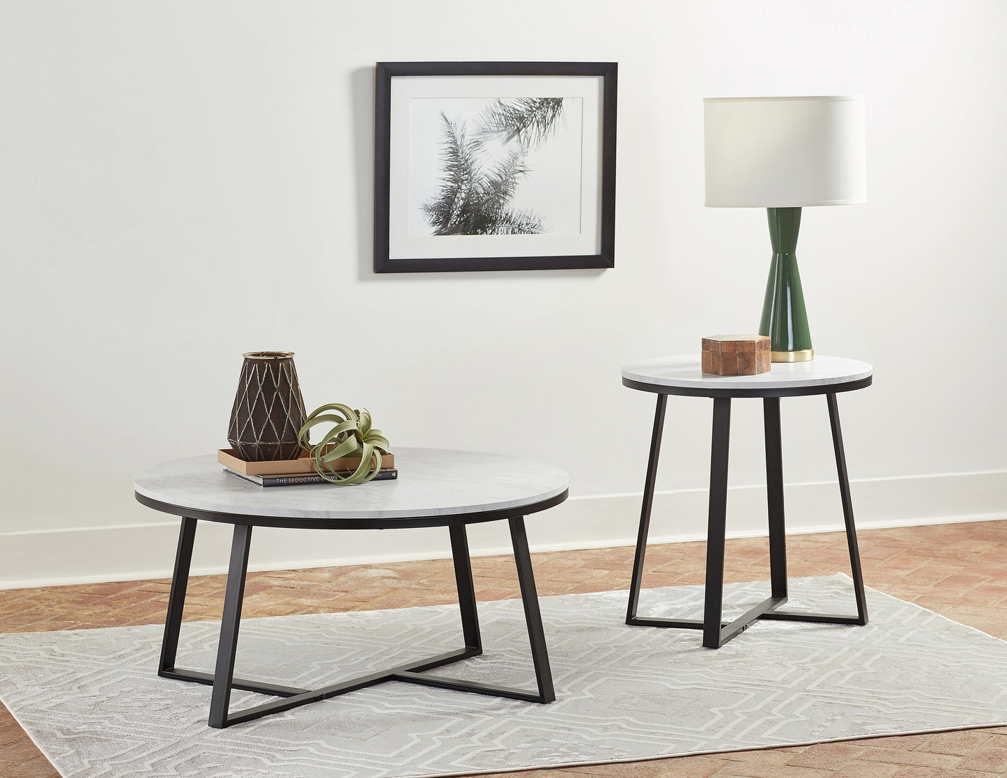 Hugo Round Faux Marble Coffee Table White and Matte Black