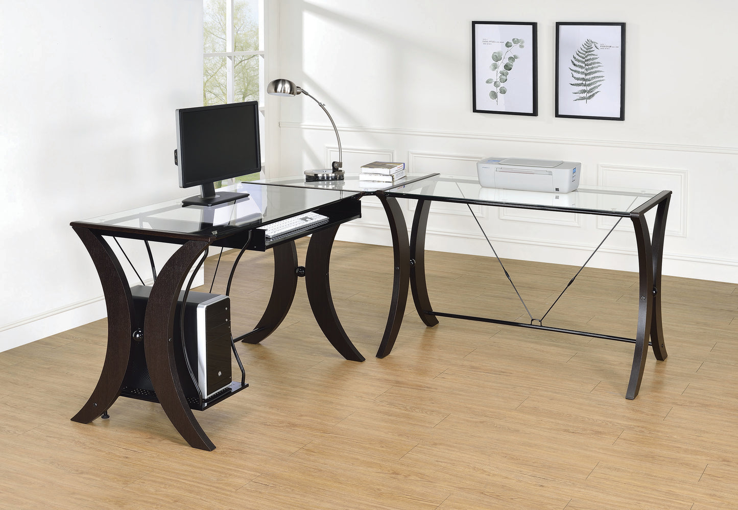 Monterey 67-inch Glass Top L-Shape Computer Desk Cappuccino