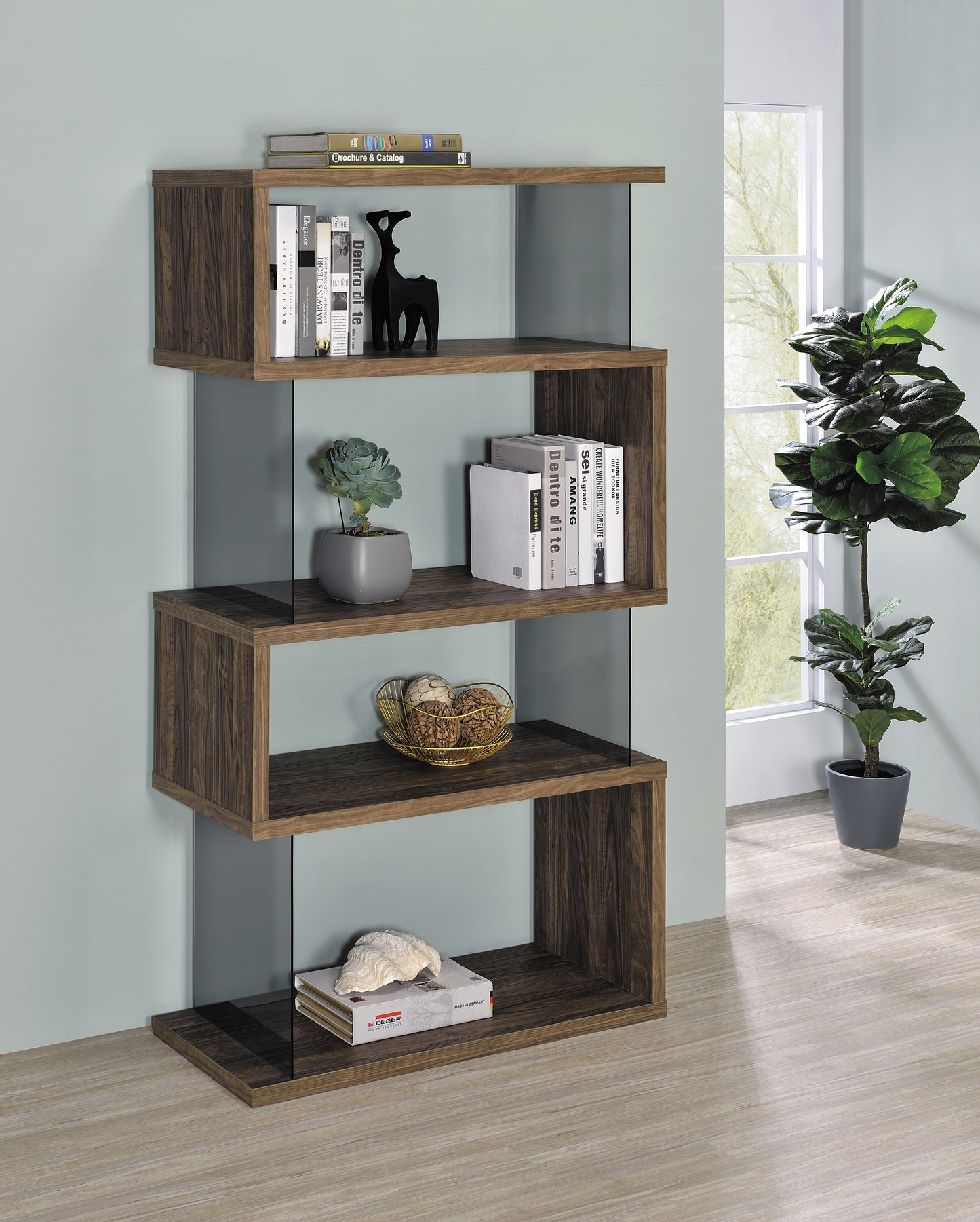 Emelle 63-inch 4-shelf Glass Panel Bookshelf Aged Walnut