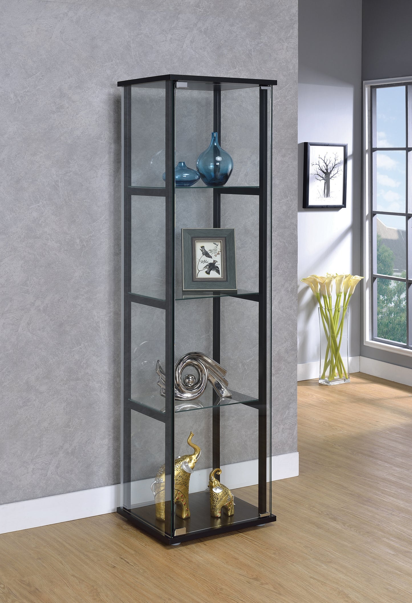 Cyclamen 4-shelf Clear Glass Curio Display Cabinet Black
