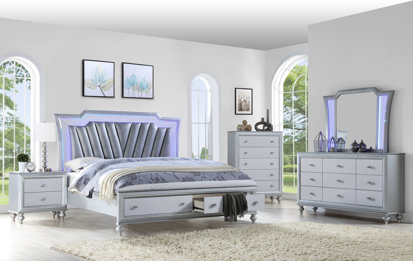 Silver LED Bedroom with Footboard Drawers - ATL FURNITURE