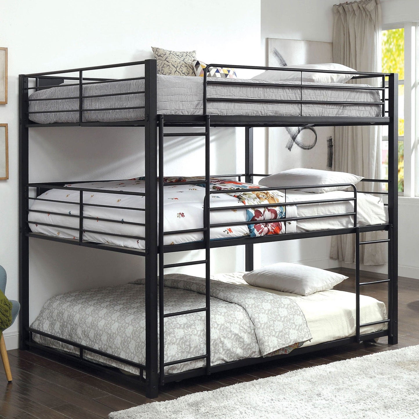 Olga I Sand Black Queen Triple Decker Bed - ATL FURNITURE