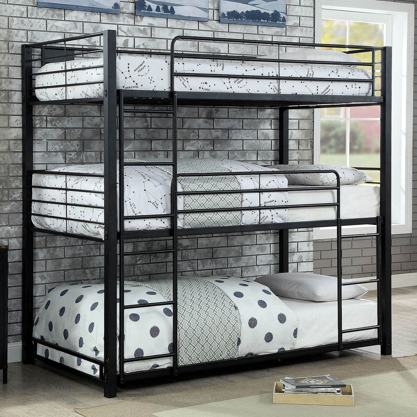 Olga I Sand Black Twin Triple Decker Bed - ATL FURNITURE