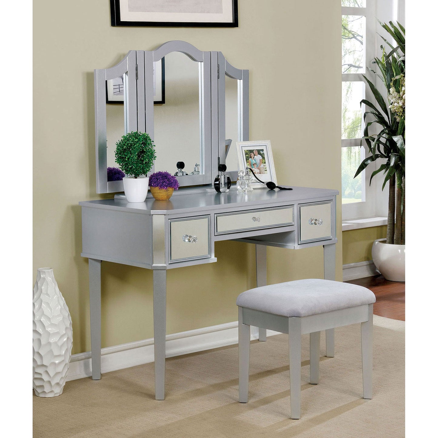 CLARISSE Silver Vanity w/ Stool - ATL FURNITURE