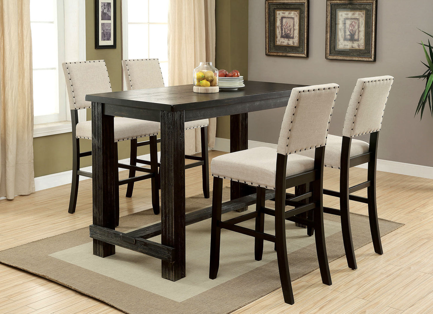 SANIA II Antique Black, Ivory 5 Pc. Bar Table Set w/ Wingback Chairs - ATL FURNITURE