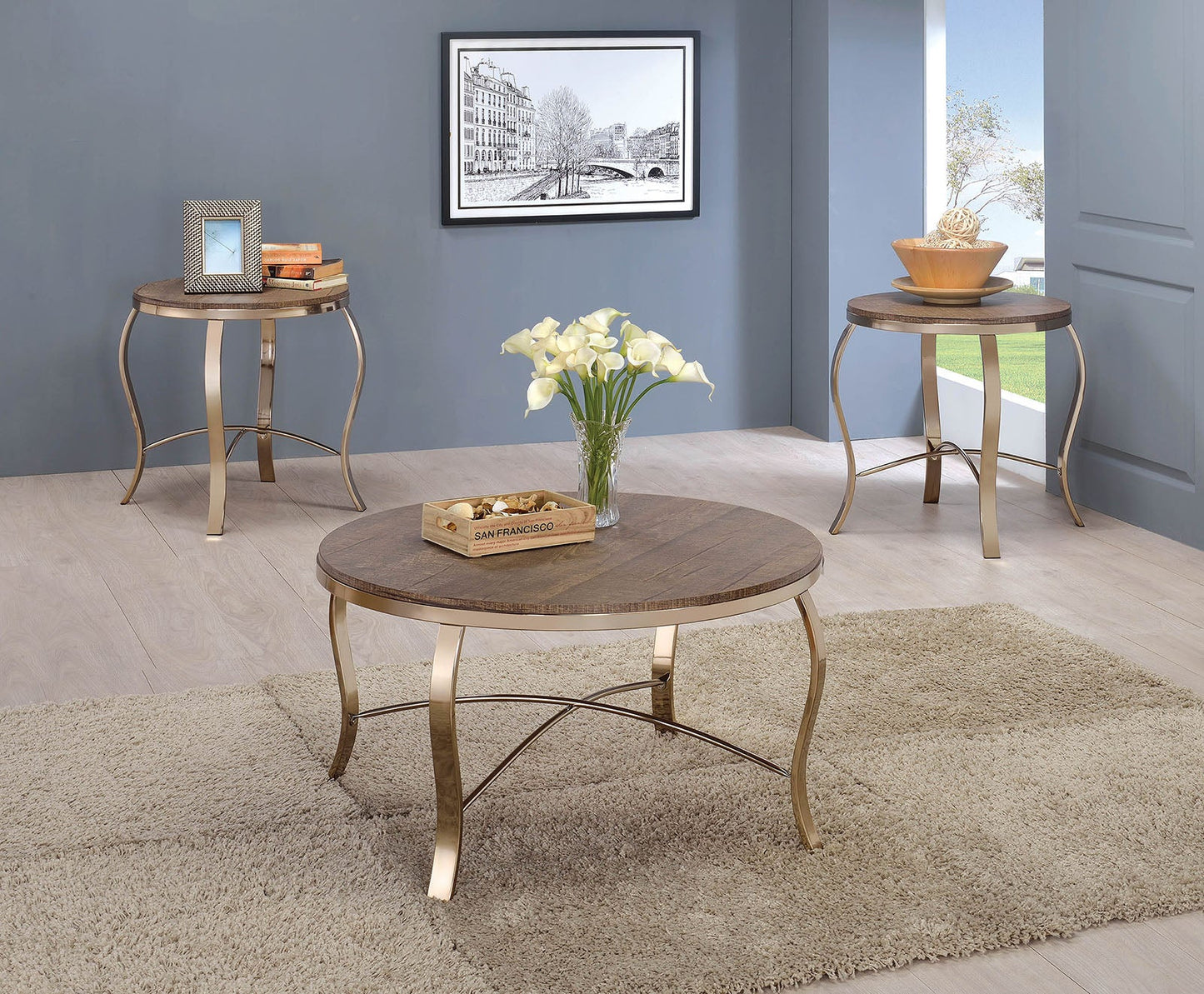 Wicklow Rustic Oak/Champagne 3 Pc. Coffee Table Set - ATL FURNITURE