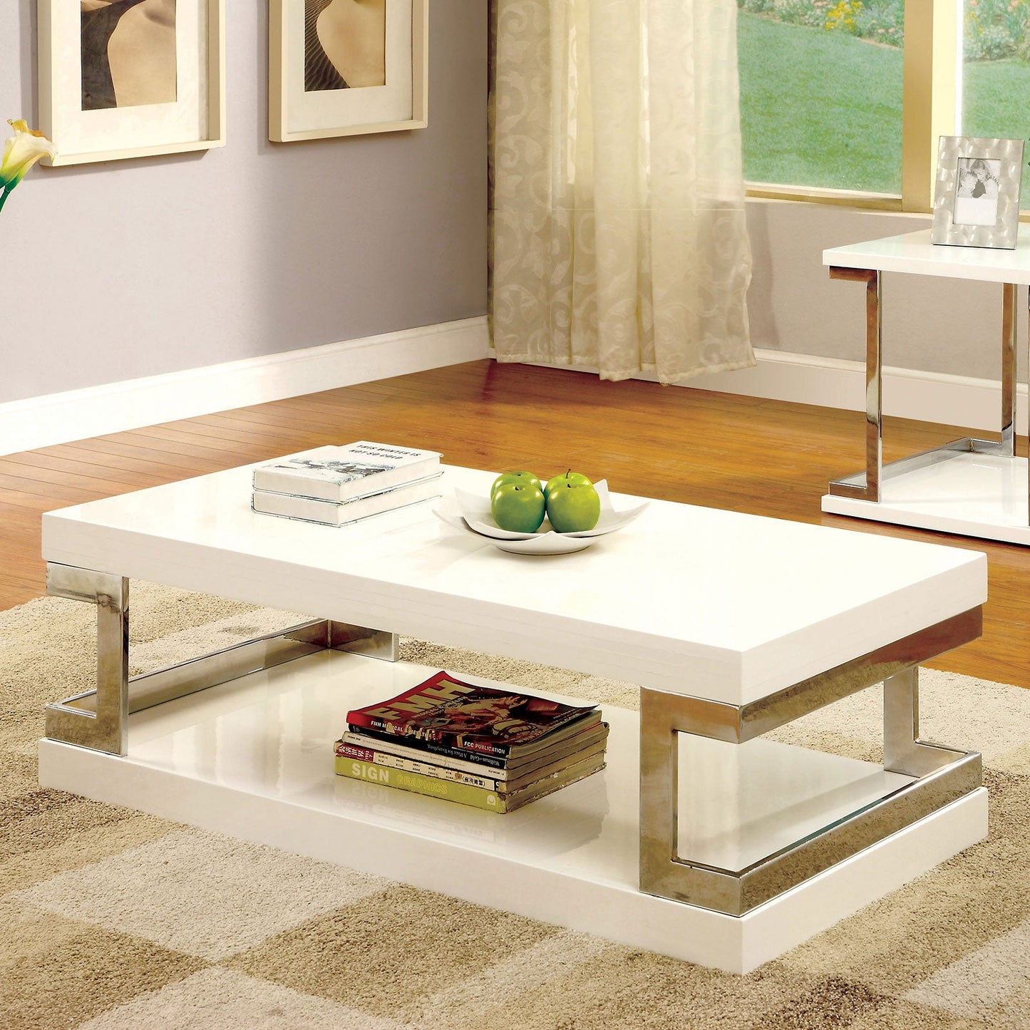 MEDA White/Chrome Coffee Table, White - ATL FURNITURE