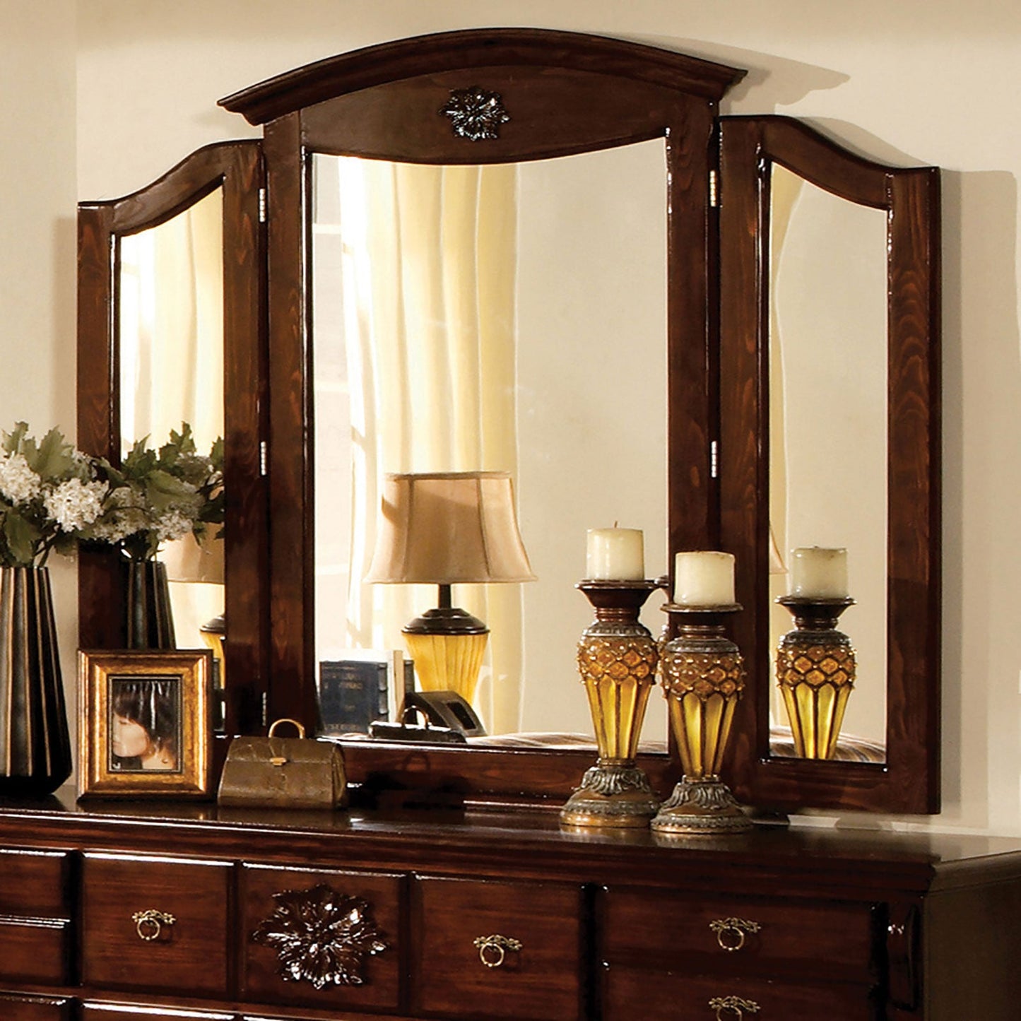 Tuscan II Glossy Dark Pine Tri-Fold Mirror - ATL FURNITURE