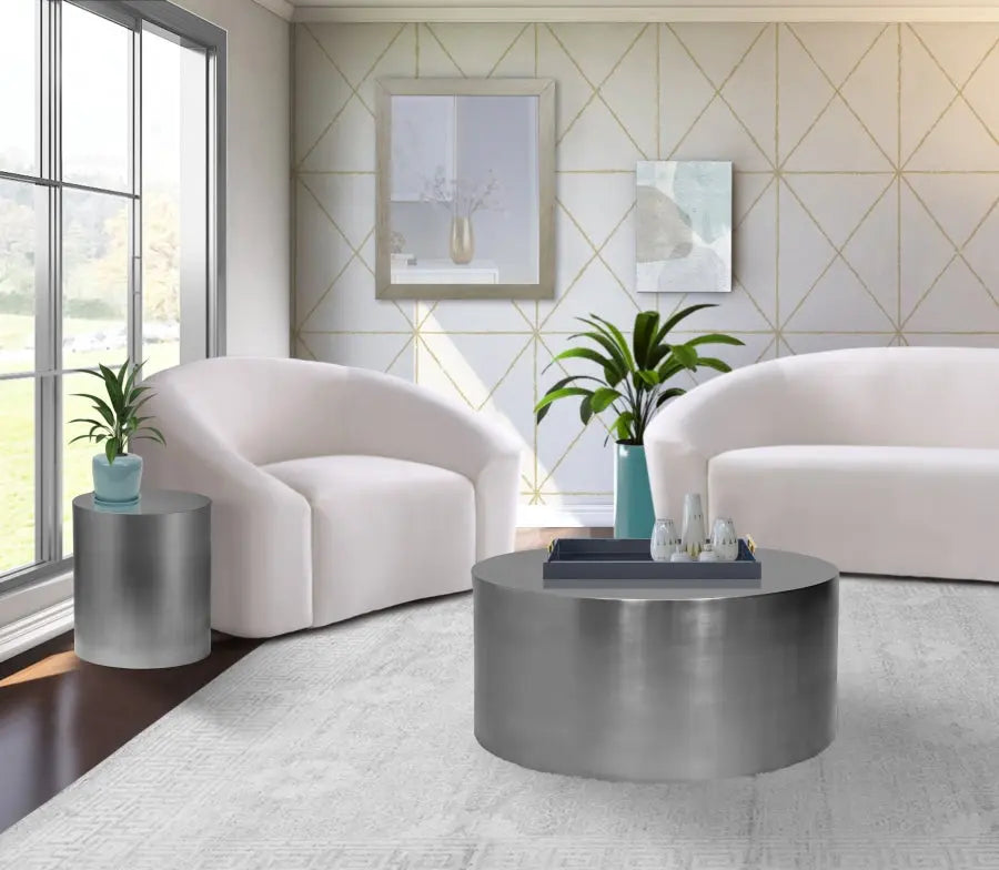 Cylinder Coffee Table In Brushed Chrome - ATL FURNITURE