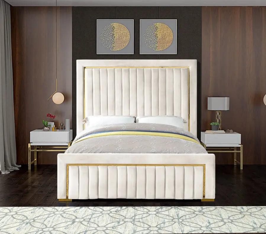 Dolce Velvet Queen Bed In Cream - ATL FURNITURE