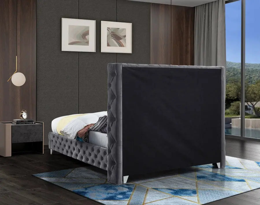 Meridian Furniture - Savan Velvet Queen Bed In Grey - Savangrey-Q - ATL FURNITURE