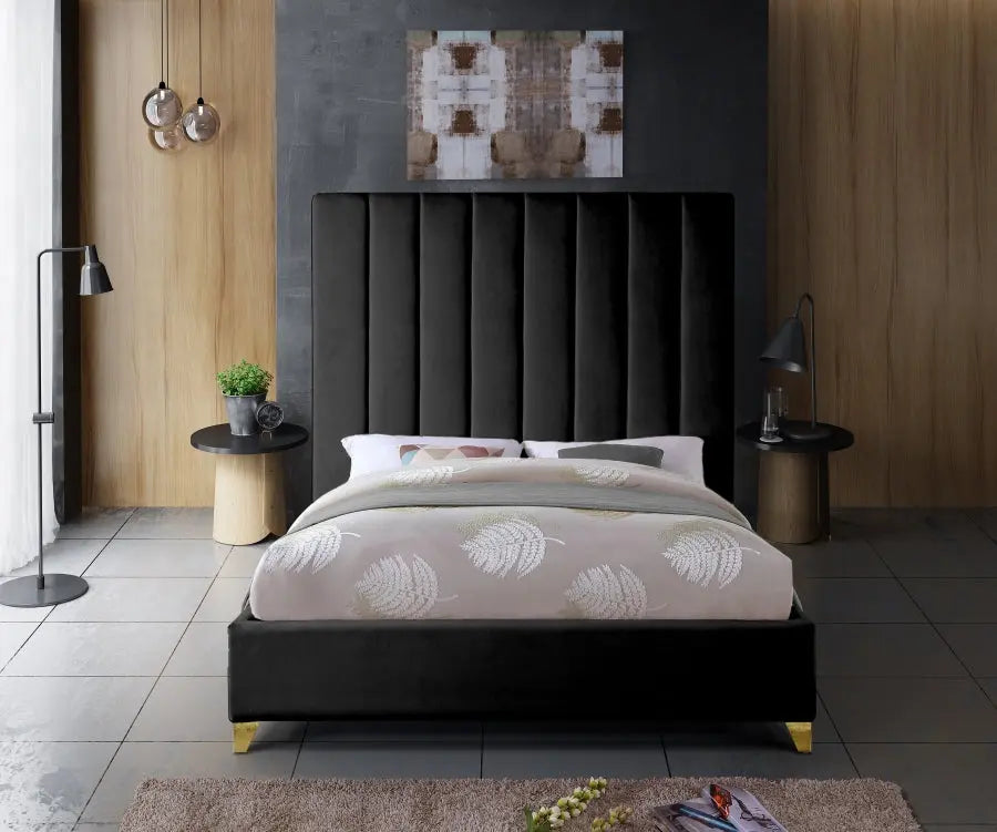 Meridian Furniture - Via Velvet Queen Bed In Black - Viablack-Q - ATL FURNITURE