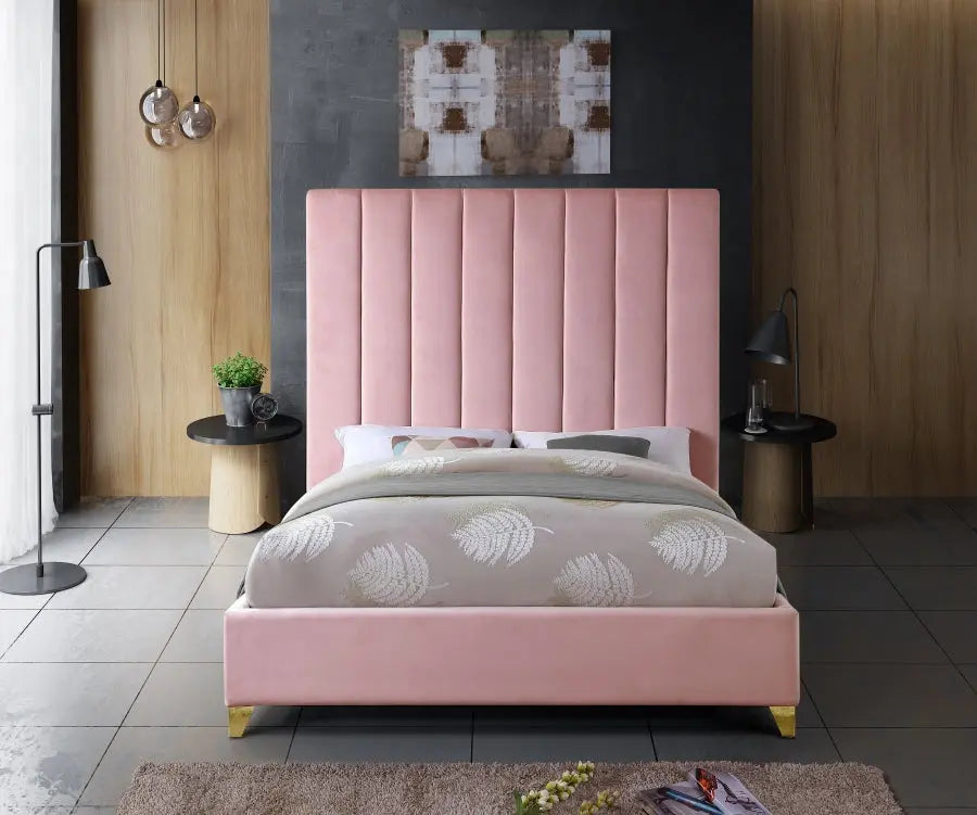 Meridian Furniture - Via Velvet Queen Bed In Pink - Viapink-Q - ATL FURNITURE