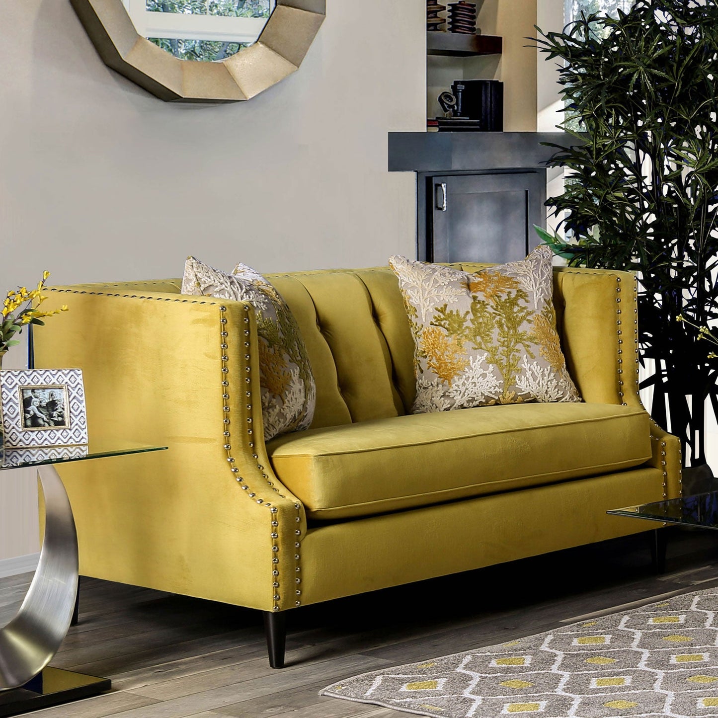 Tegan Royal Yellow/Light Tan Love Seat - ATL FURNITURE