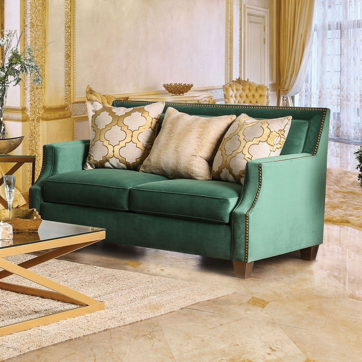 VERDANTE Emerald Green/Gold Love Seat - ATL FURNITURE
