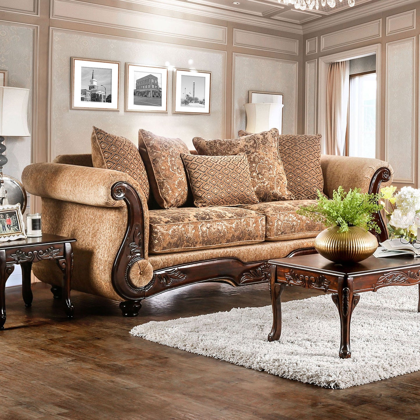 NICANOR Tan/Gold Sofa - ATL FURNITURE