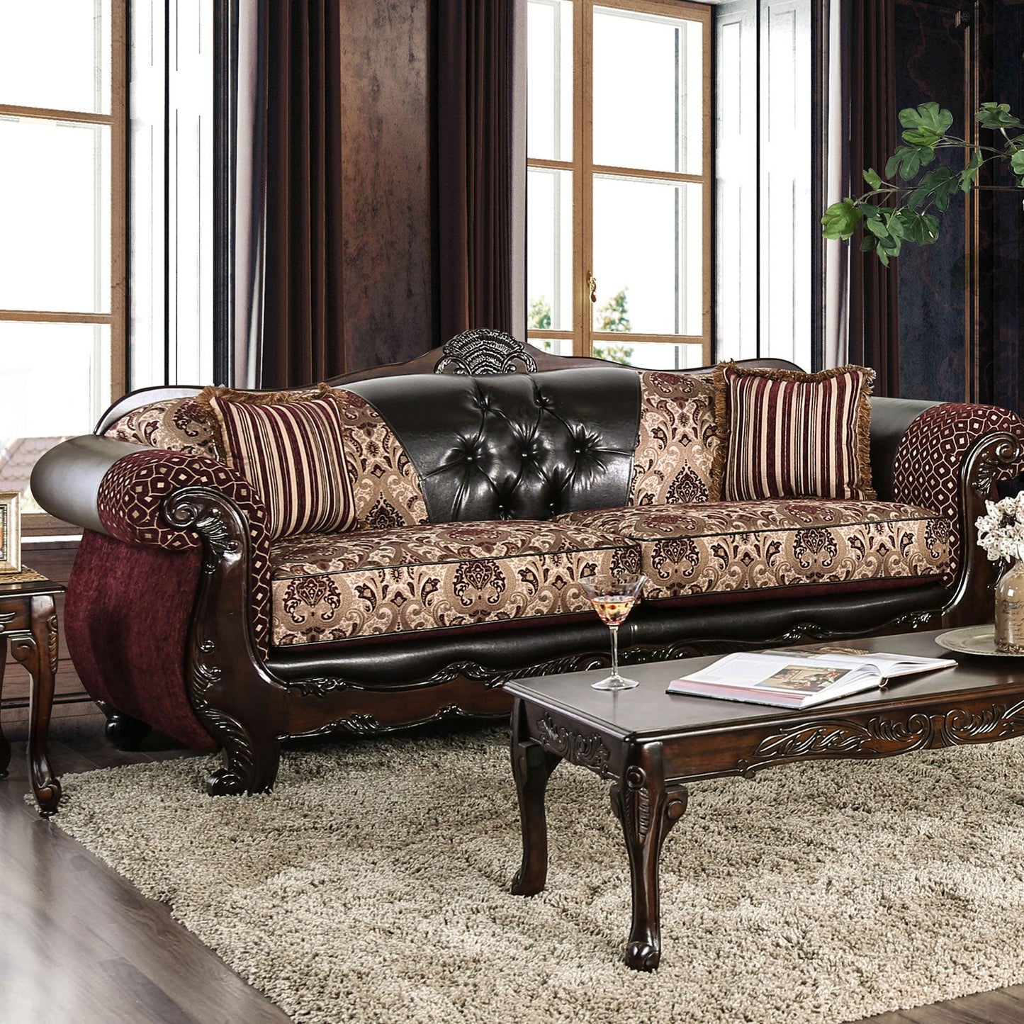Quirino Burgundy/Dark Brown Sofa - ATL FURNITURE