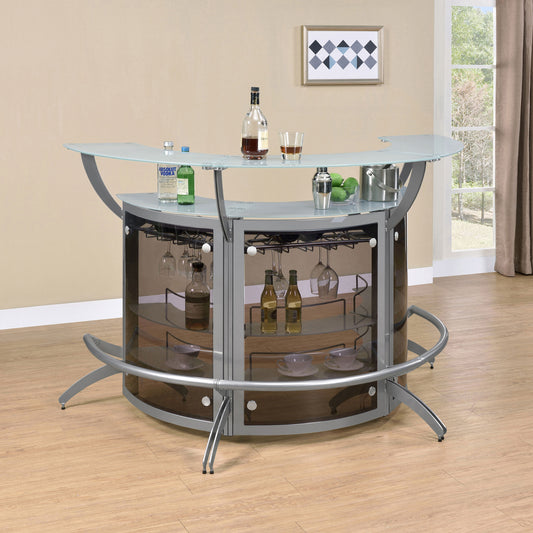 Dallas 3-piece Curved Freestanding Home Bar Silver and Frosted Glass