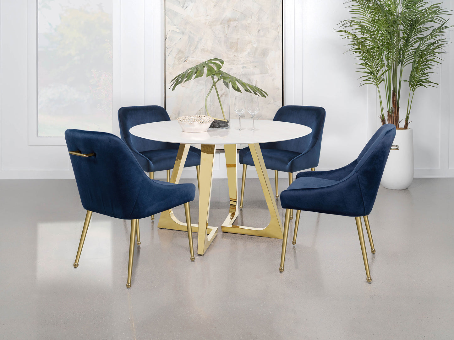 Gwynn Round Dining Table with Marble Top and Stainless Steel Base White and Gold