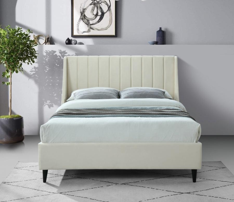 Meridian Furniture - Eva Velvet Queen Bed In Cream - Evacream-Q - ATL FURNITURE