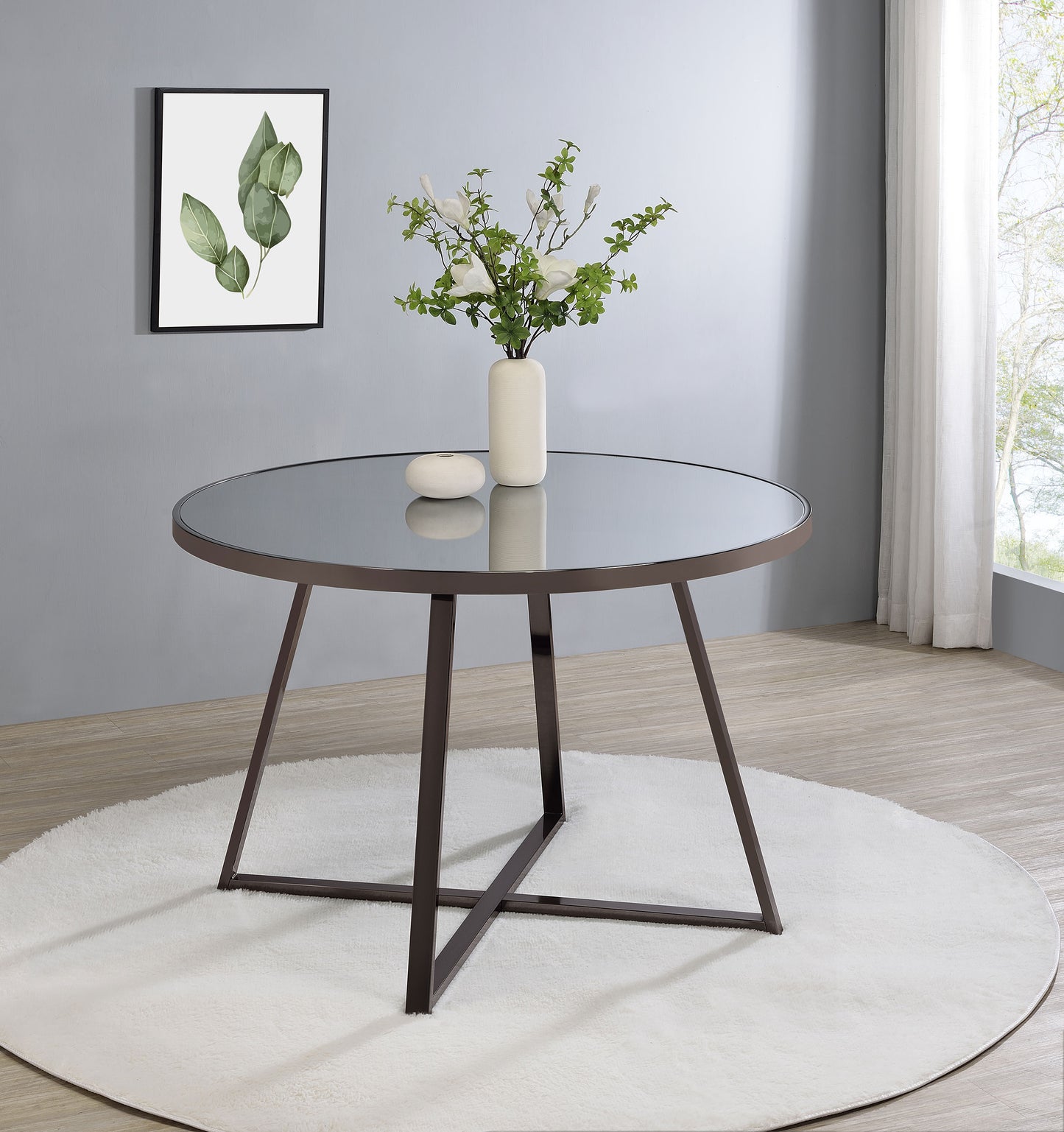 Jillian Round Dining Table with Tempered Mirror Top Black Nickel