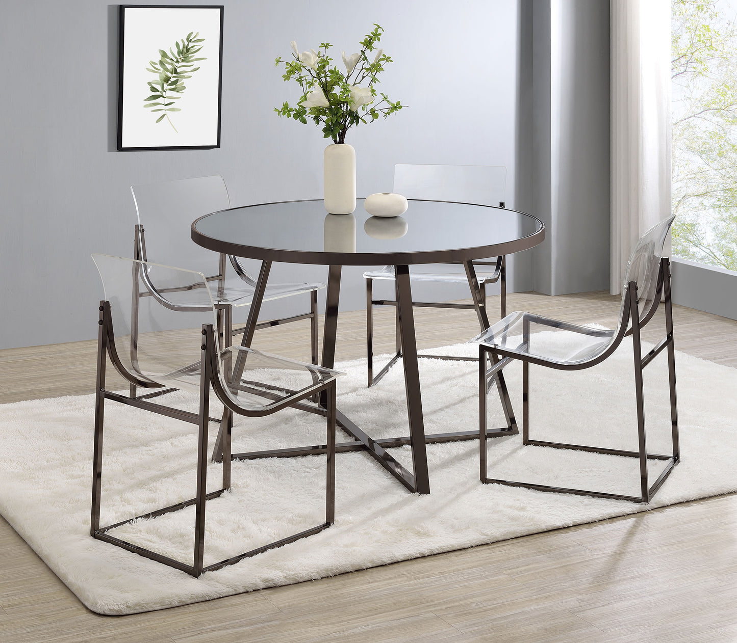 Jillian Round Dining Table with Tempered Mirror Top Black Nickel