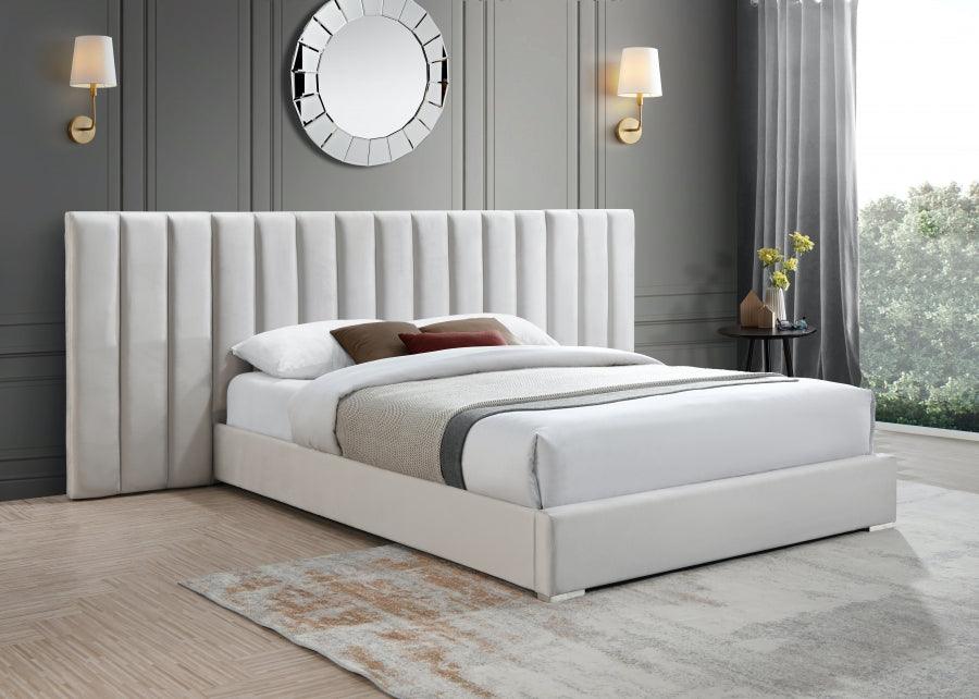Meridian Furniture - Pablo Velvet Queen Bed In Cream - Pablocream-Q - ATL FURNITURE