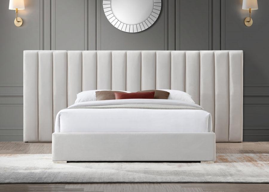 Meridian Furniture - Pablo Velvet Queen Bed In Cream - Pablocream-Q - ATL FURNITURE