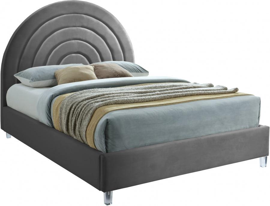 Meridian Furniture - Rainbow Velvet Queen Bed In Grey - Rainbowgrey-Q - ATL FURNITURE