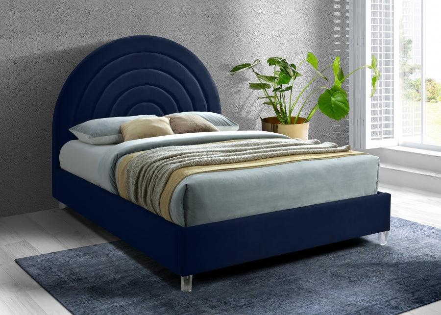 Meridian Furniture - Rainbow Velvet Queen Bed In Navy - Rainbownavy-Q - ATL FURNITURE