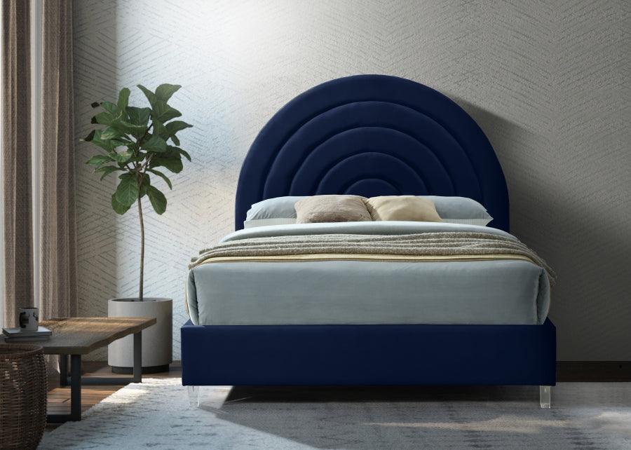 Meridian Furniture - Rainbow Velvet Queen Bed In Navy - Rainbownavy-Q - ATL FURNITURE