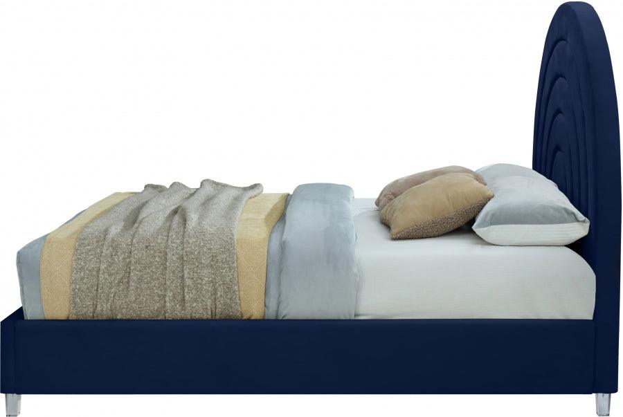 Meridian Furniture - Rainbow Velvet Queen Bed In Navy - Rainbownavy-Q - ATL FURNITURE
