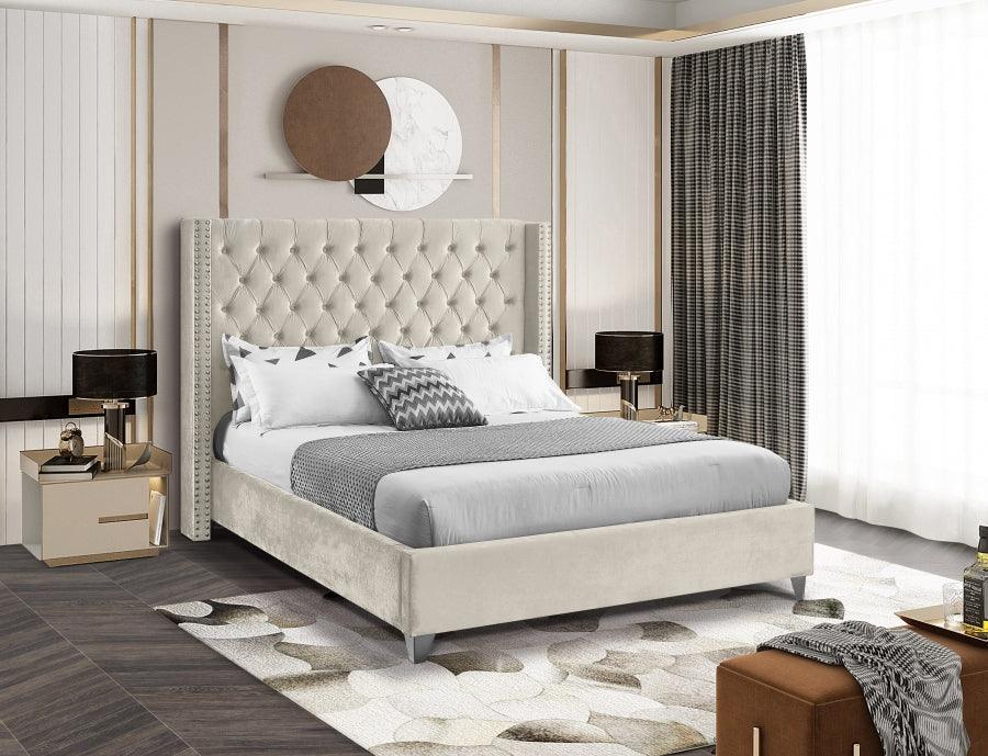 Aiden Velvet King Bed In Cream - ATL FURNITURE