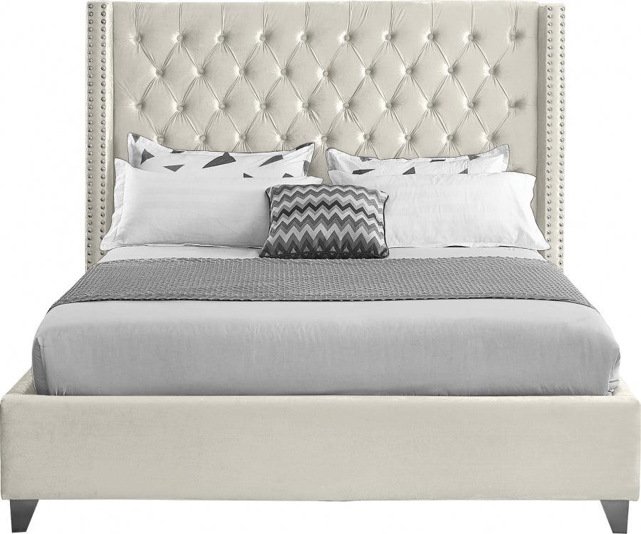 Aiden Velvet Queen Bed In Cream - ATL FURNITURE
