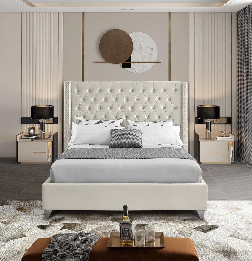 Aiden Velvet Queen Bed In Cream - ATL FURNITURE