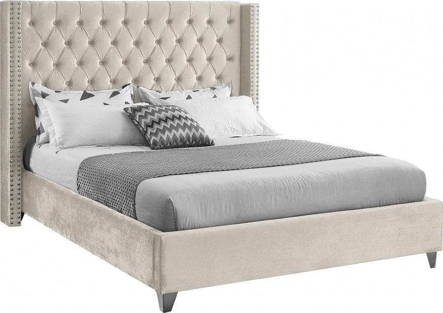 Aiden Velvet Queen Bed In Cream - ATL FURNITURE