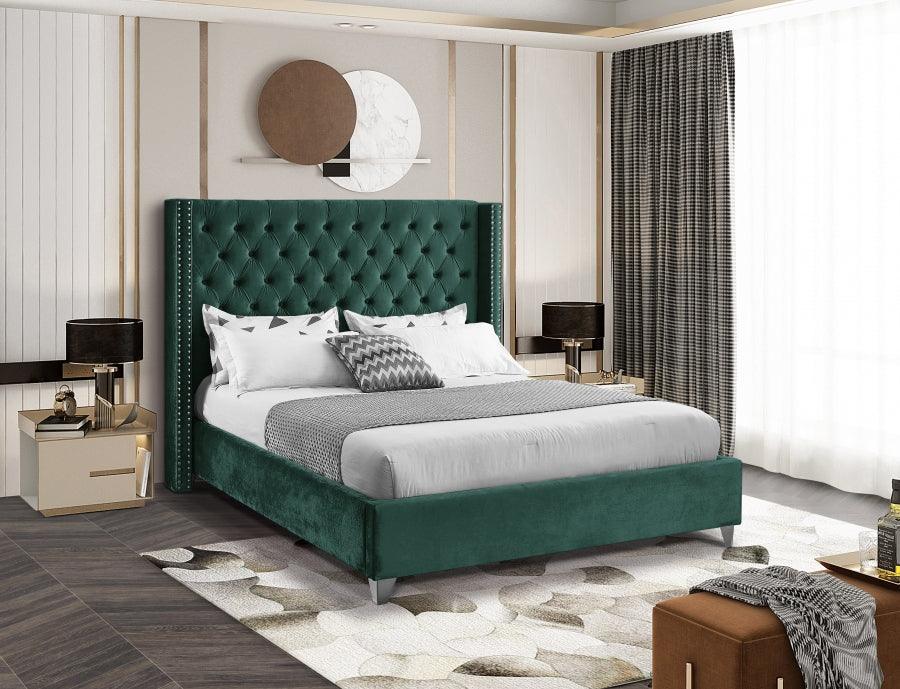Aiden Velvet Queen Bed In Green - ATL FURNITURE