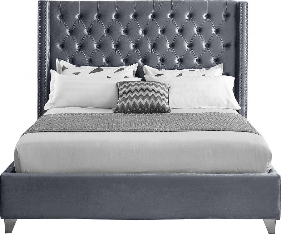 Aiden Velvet Queen Bed In Grey - ATL FURNITURE
