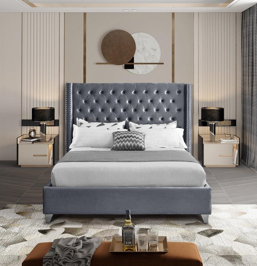 Aiden Velvet Queen Bed In Grey - ATL FURNITURE