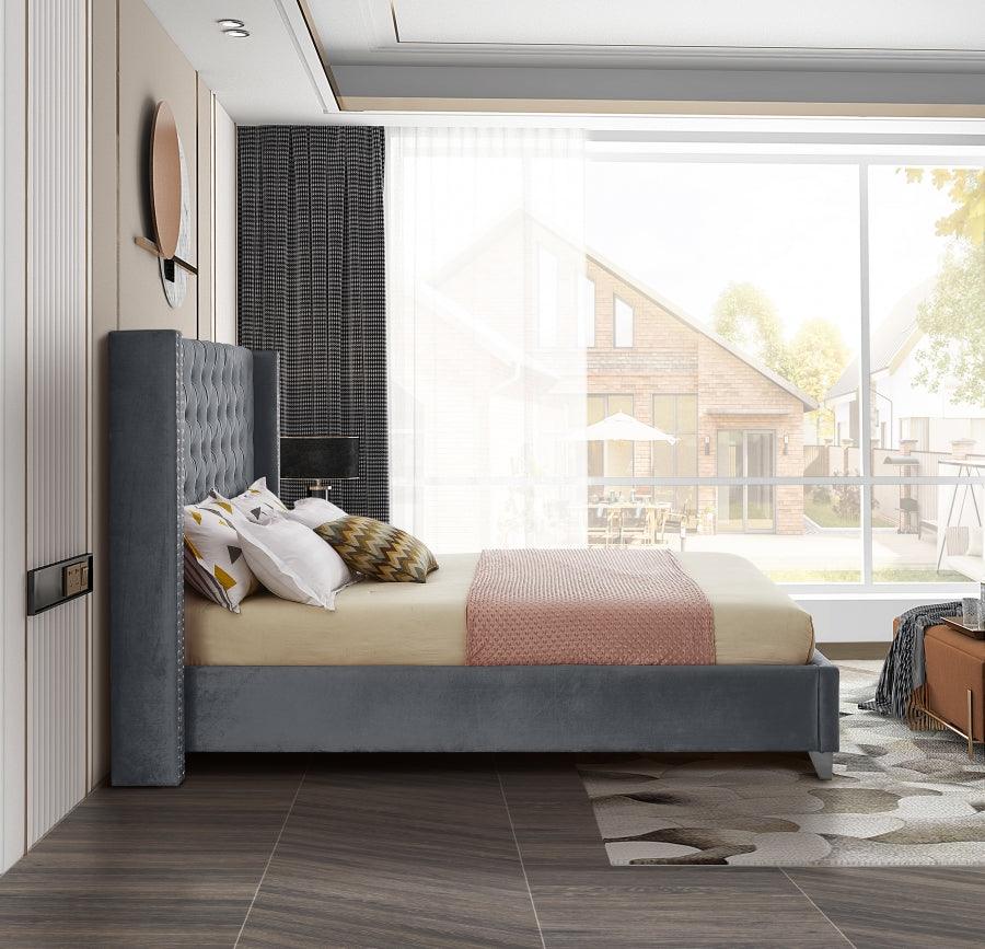 Aiden Velvet Queen Bed In Grey - ATL FURNITURE